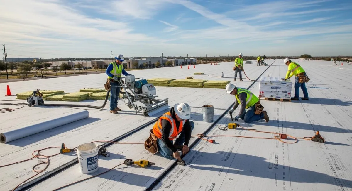 Commercial roofing crew working on low-slope roof