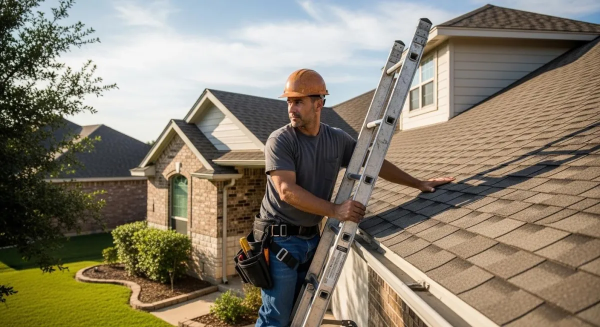 Roofing contractor inspecting shingles in Cedar Park neighborhood
