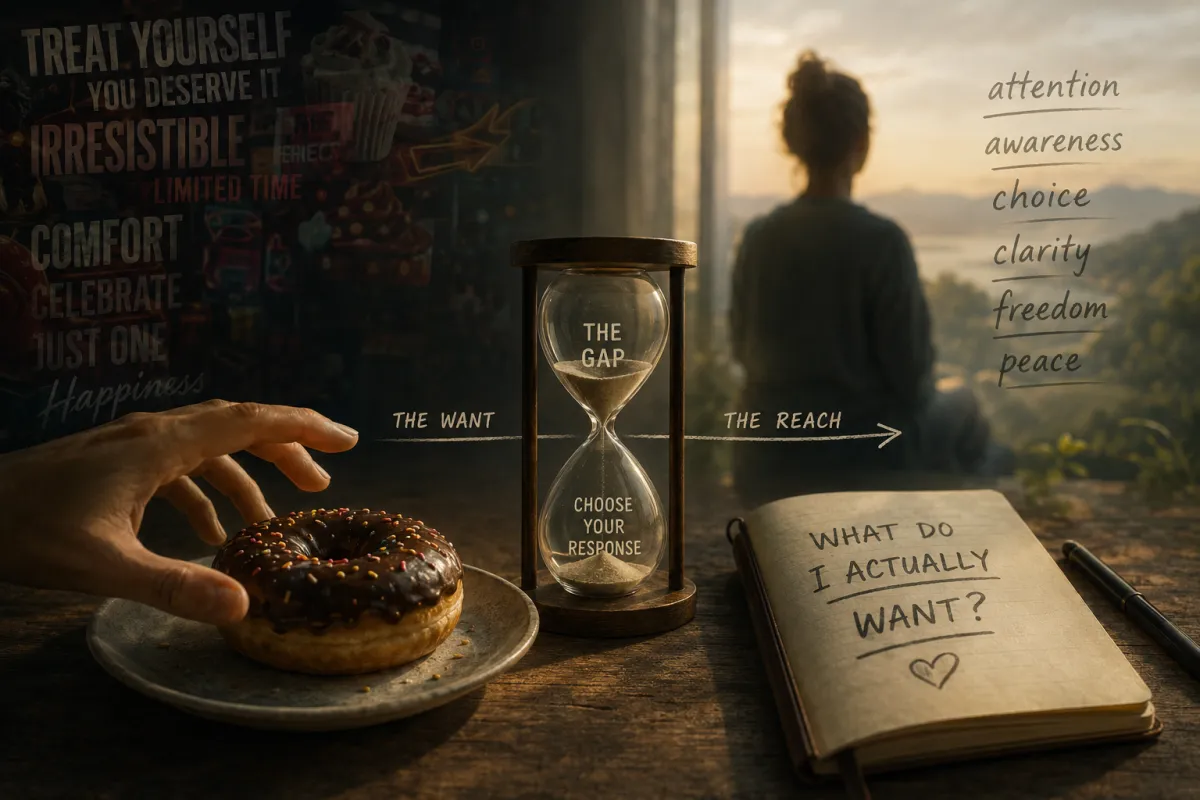 AI generated image of an hourglass representing the time between a craving and acting on it, with the triggers on the left and peace on the right.