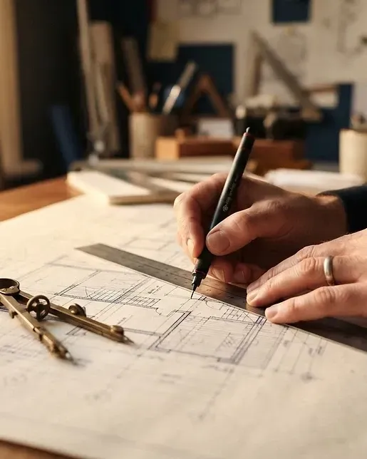 person drawing blueprint on desk