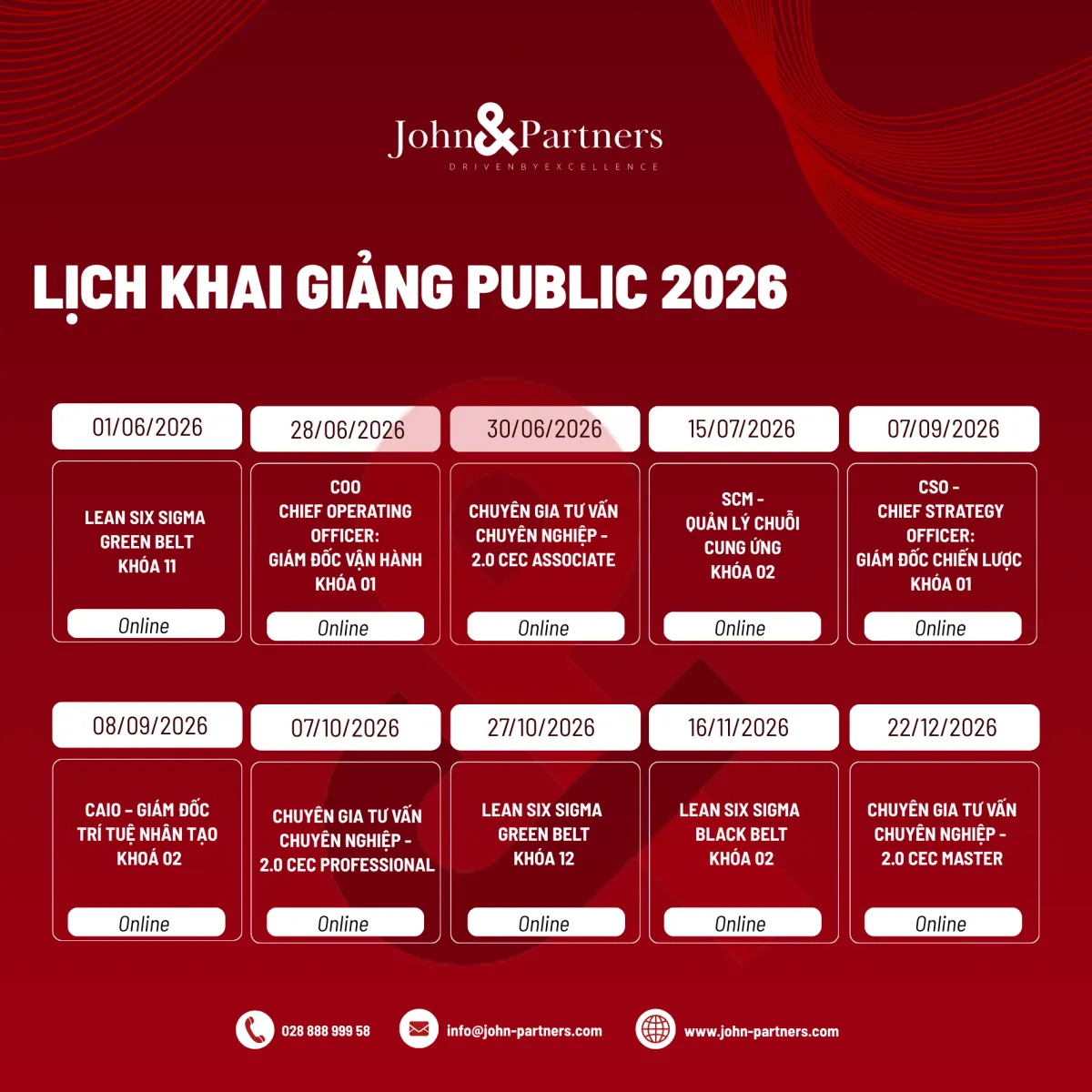 LỊCH KHAI GIẢNG PUBLIC 2026 TỪ JOHN&PARTNERS