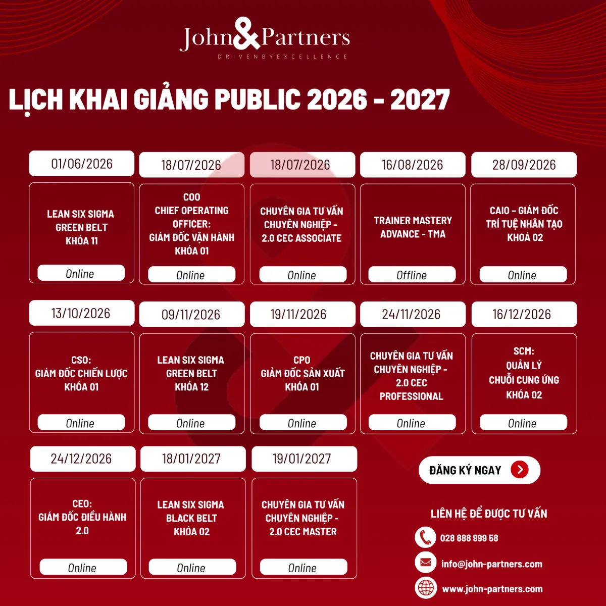 LỊCH KHAI GIẢNG CÁC KHÓA HỌC PUBLIC 2026 - 2027 TỪ JOHN&PARTNERS