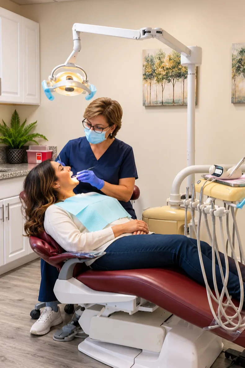 Patient receiving dental care while reclined in a modern dental chair at Santa Fe Family Dental Center in Long Beach, CA