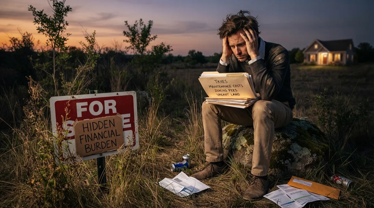 A distressed man sits on a rock in a field of tall grass, surrounded by scattered bills and a "FOR SALE: HIDDEN FINANCIAL BURDEN" sign, holding a folder with a handwritten list of expenses.