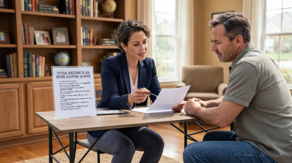 A woman in a blazer discusses a document with a man in a study.