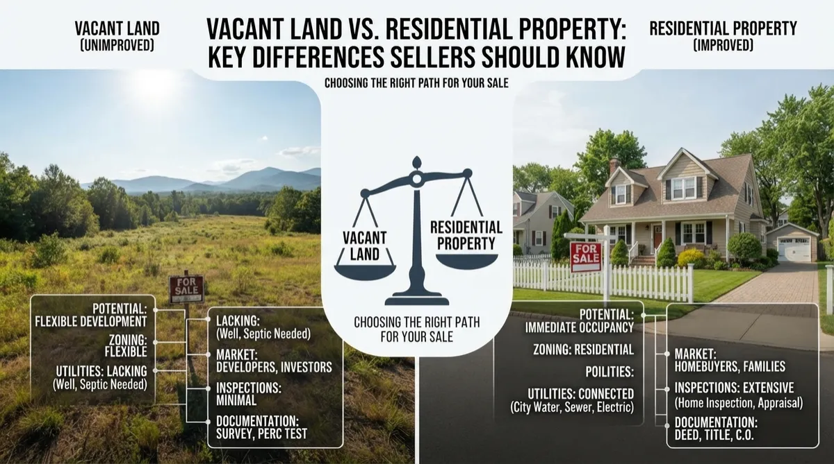 An infographic titled "VACANT LAND (UNIMPROVED) VS. RESIDENTIAL PROPERTY (IMPROVED)" with a central balanced scale graphic. The left side shows an undeveloped field and mountains, with bullet points detailing Site Development, Development Risks, and Residual Potential. The right side shows a suburban house, with bullet points detailing Home Maintenance, Market Demand, and Resale Value. Text below the scale reads "CHOOSING THE RIGHT PATH FOR YOUR SALE".