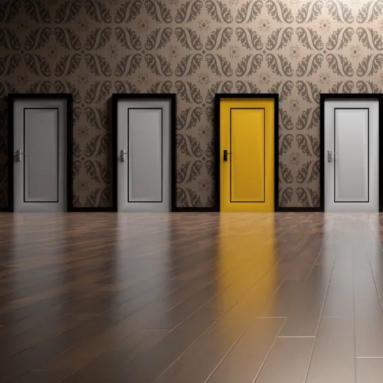 A room featuring four doors, prominently displaying a yellow door among them, highlighting the theme "Why Choose Structofit?"