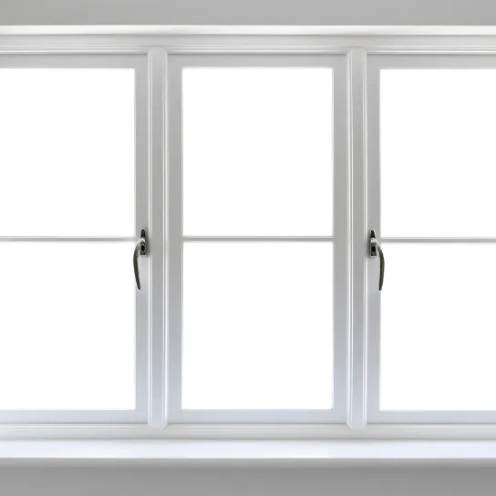 A white UPVC window with a white frame and a soft white curtain, creating a clean and airy aesthetic.