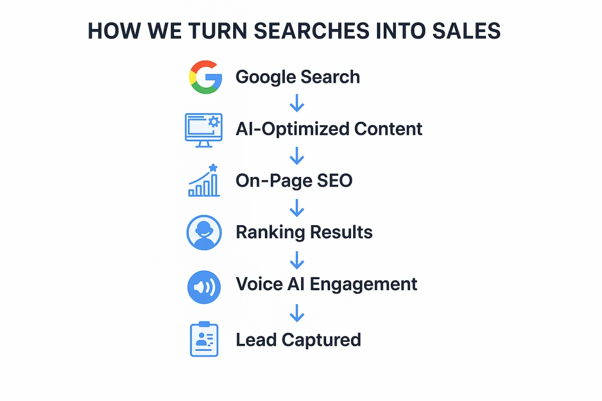 SEO agency workflow infographic showing how Peak Demand AI Agency transforms search engine clicks into qualified B2B leads using AI-powered local SEO, lead capture, CRM integration, and conversion tracking. Includes labeled steps like Google search, website visit, AI engagement, lead form submission, and sales pipeline entry.