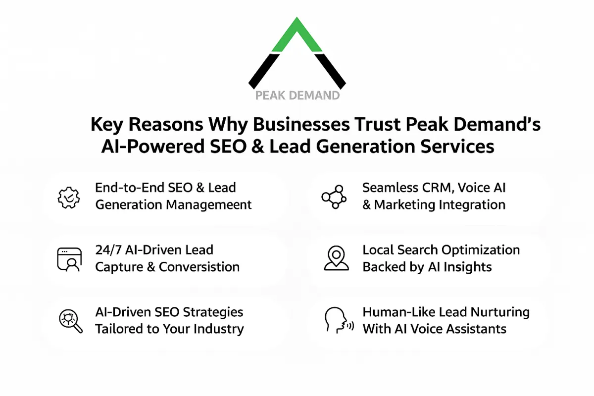 Key Reasons Why Businesses Trust Peak Demand’s AI-Powered SEO & Lead Generation Services" featuring six main service highlights in modern illustrated icons. Includes Peak Demand logo at the top. The reasons shown are: End-to-End SEO Management, 24/7 AI-Driven Lead Capture, AI-Powered SEO Strategies, Seamless CRM & Voice AI Integration, Local Search Optimization, and Scalable SEO Systems. Design is optimized for digital clarity and professional brand presentation