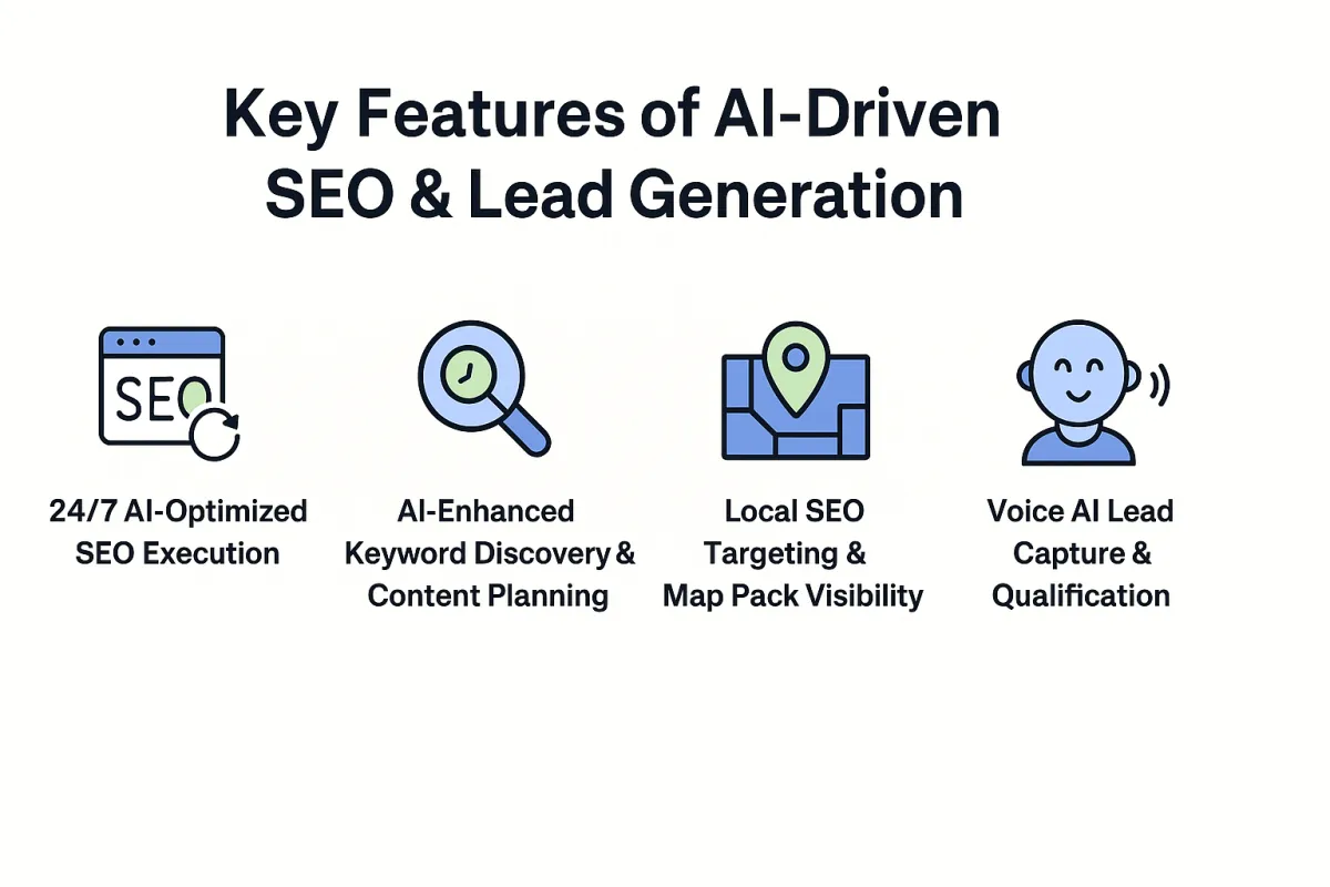 Key Features of AI-Driven SEO & Lead Generation" by Peak Demand AI Agency. It features four evenly spaced icons with captions:  24/7 AI-Optimized SEO Execution – Represented by a gear and clock icon, highlighting continuous SEO improvements.  AI-Powered Content Creation & Optimization – Depicted with a content/document icon, emphasizing automated, rank-worthy content.  Local SEO & Google Map Pack Visibility – Illustrated with a map marker and magnifying glass, focusing on local discovery.  Voice AI Lead Capture & CRM Integration – Visualized with a headset icon, representing real-time AI receptionist capabilities and lead syncing.