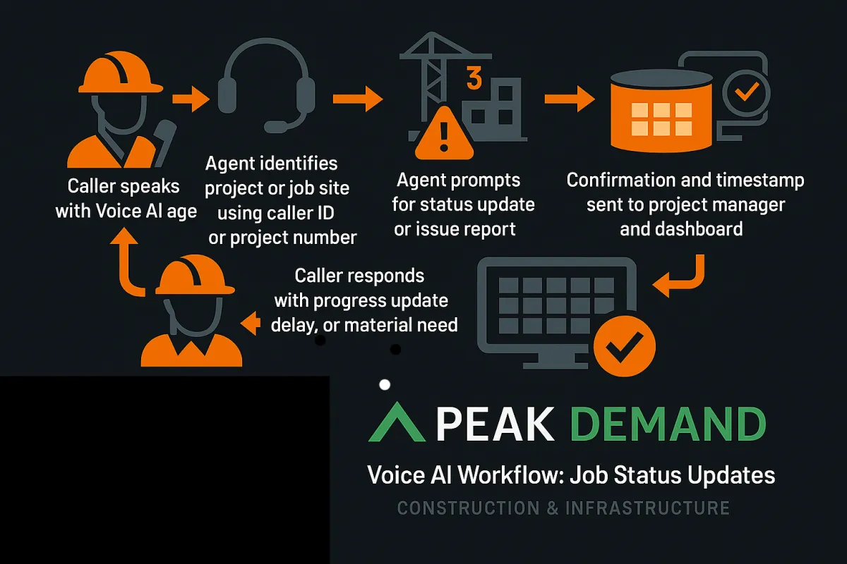 A dark-background flowchart showing a construction-specific Voice AI workflow. Steps include caller engagement, project ID matching, status prompt, delay or material update, and dashboard logging. Peak Demand triangle logo included.