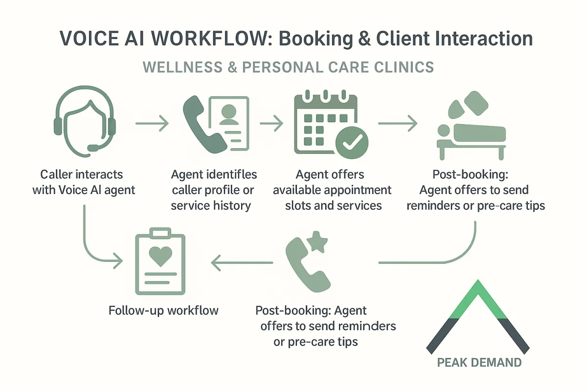 A calm, wellness-branded infographic workflow for personal care businesses. Shows client greeting, service matching, availability check, appointment confirmation, intake data collection, and support follow-up.