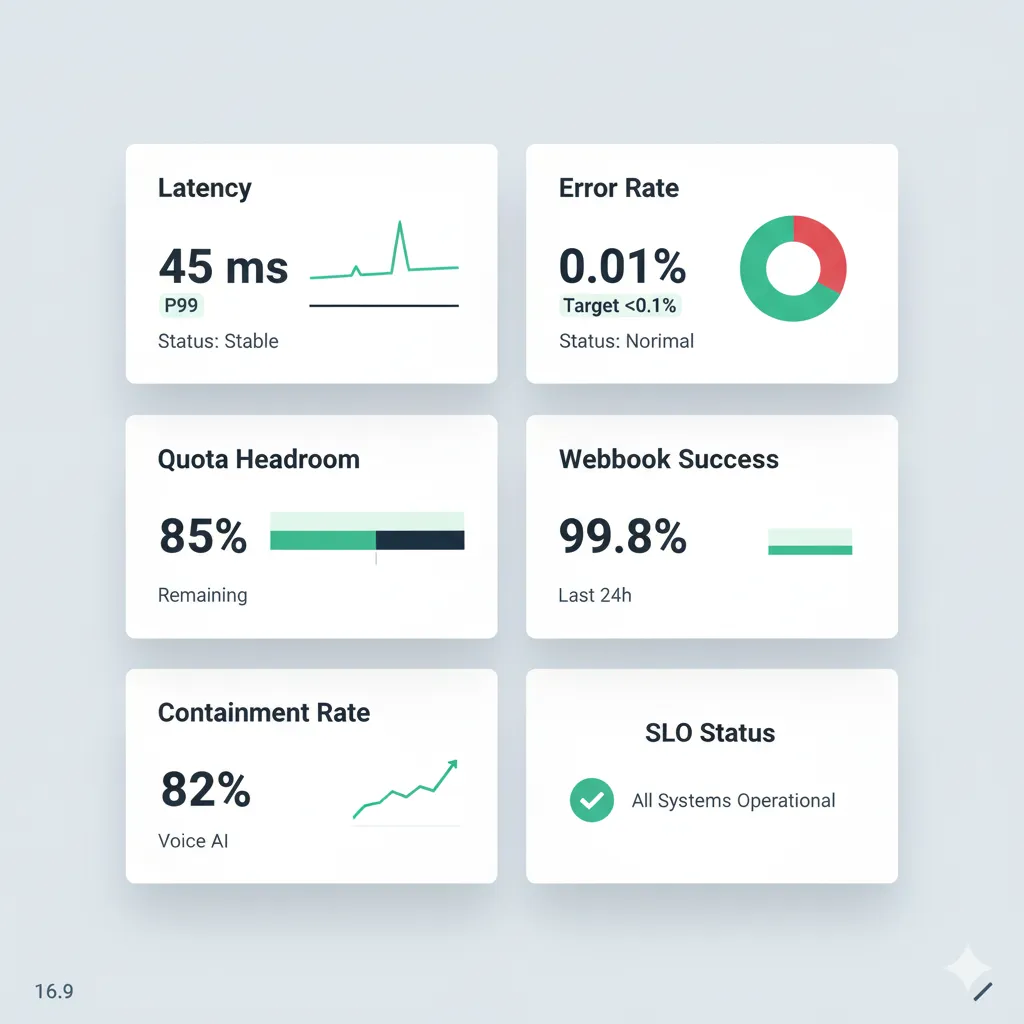 Voice AI API monitoring dashboard showing latency, error rate, quota headroom, webhook success, containment rate, and SLO status