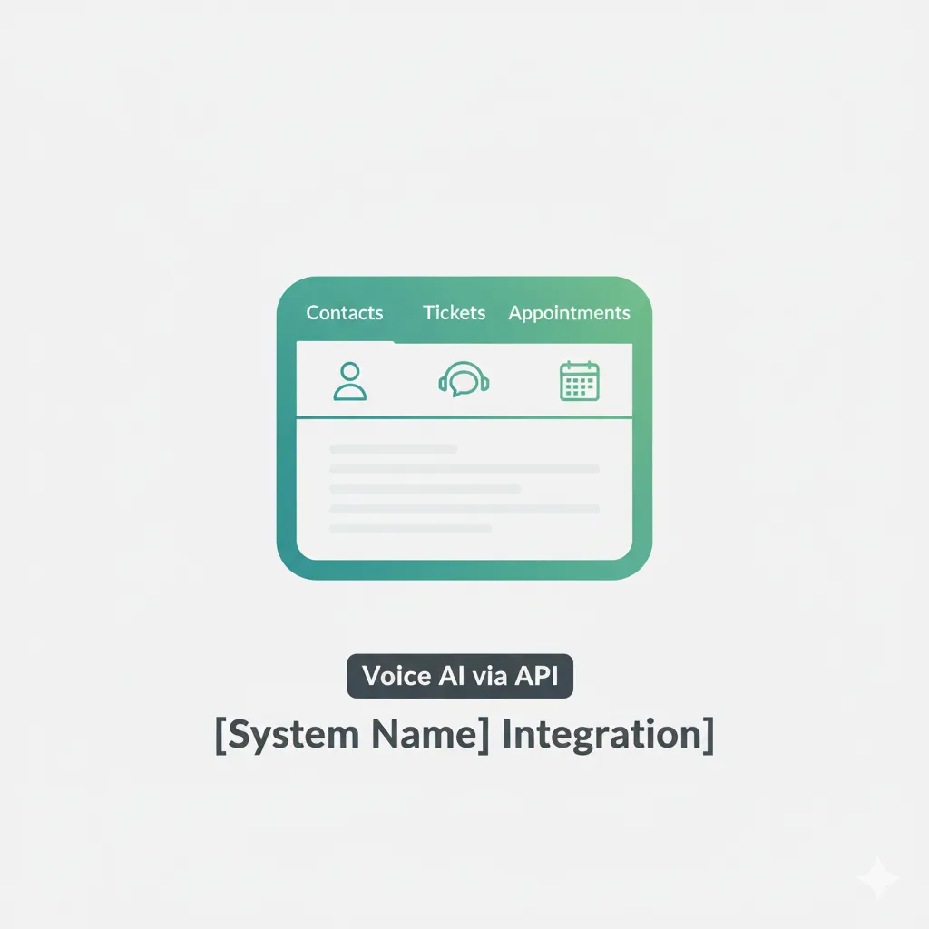 Voice AI via API integration example card showing contacts, tickets, and appointments, used as a template for system spotlight sections like Salesforce, HubSpot, ServiceTitan, and others