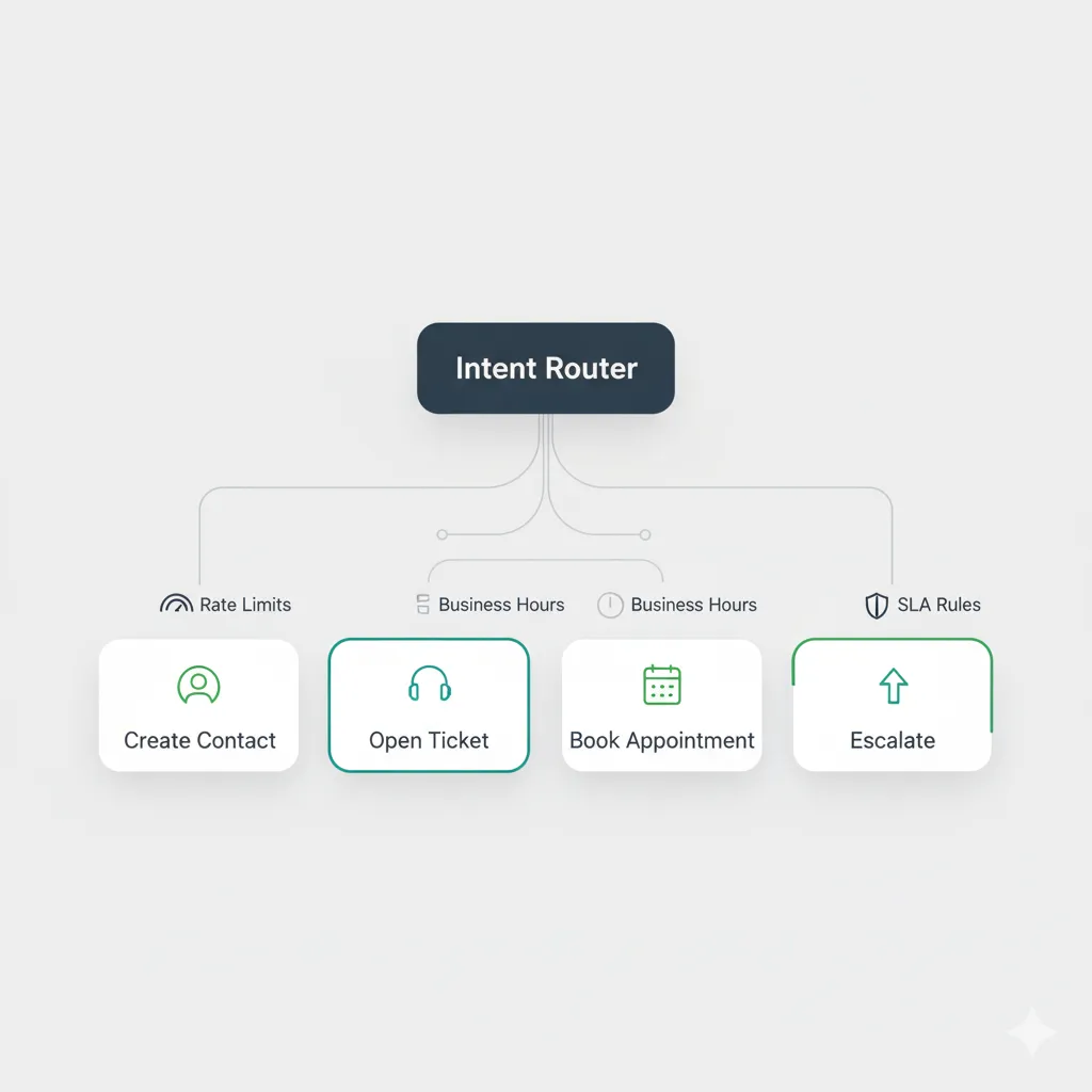 Diagram of an intent router directing calls from Voice AI into actions like create contact, open ticket, book appointment, or escalate, with rate limits, business hours, and SLA rules applied