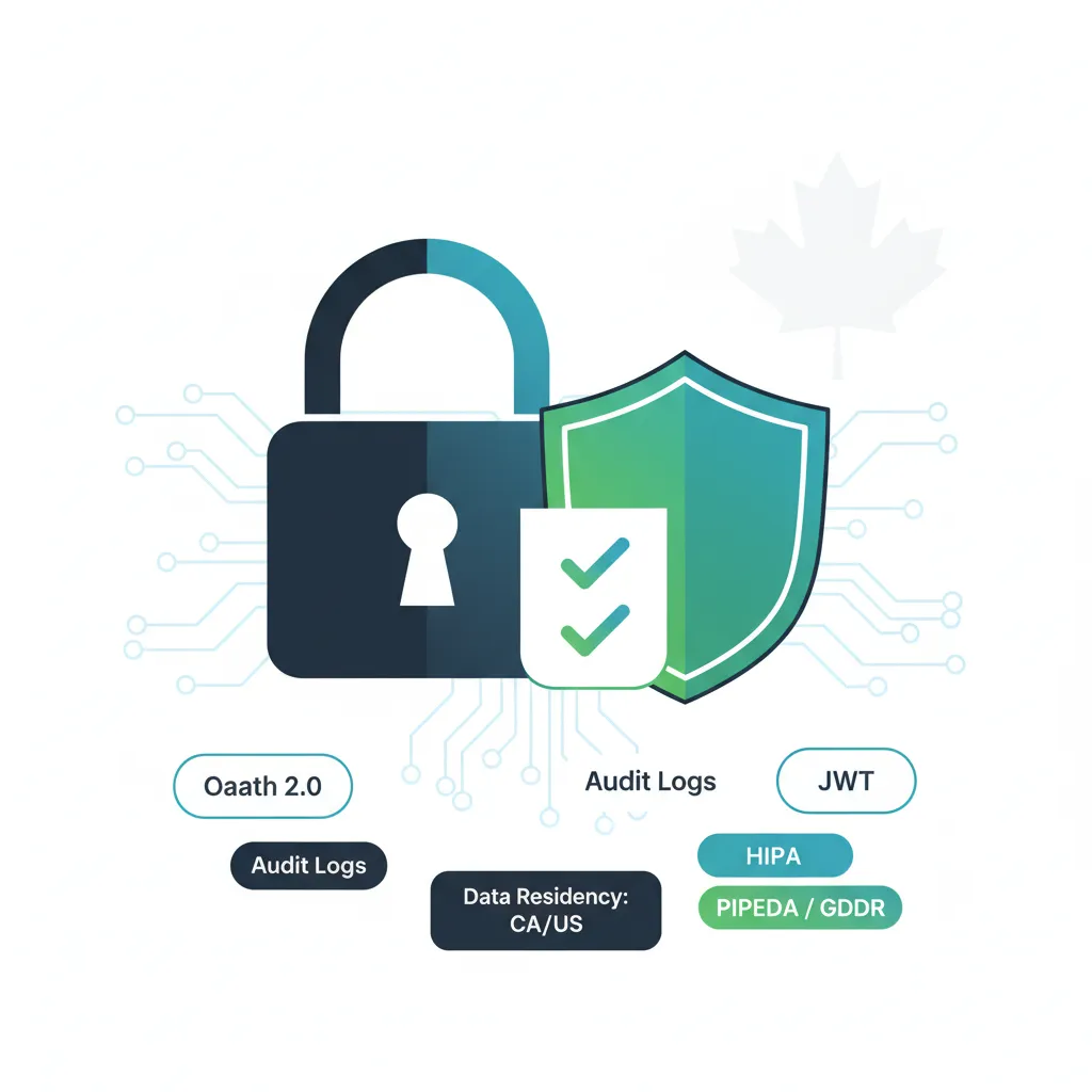 Security and compliance illustration showing lock, shield, audit logs, OAuth 2.0, JWT, HIPAA, PIPEDA, GDPR, and Canadian data residency for enterprise Voice AI API integrations