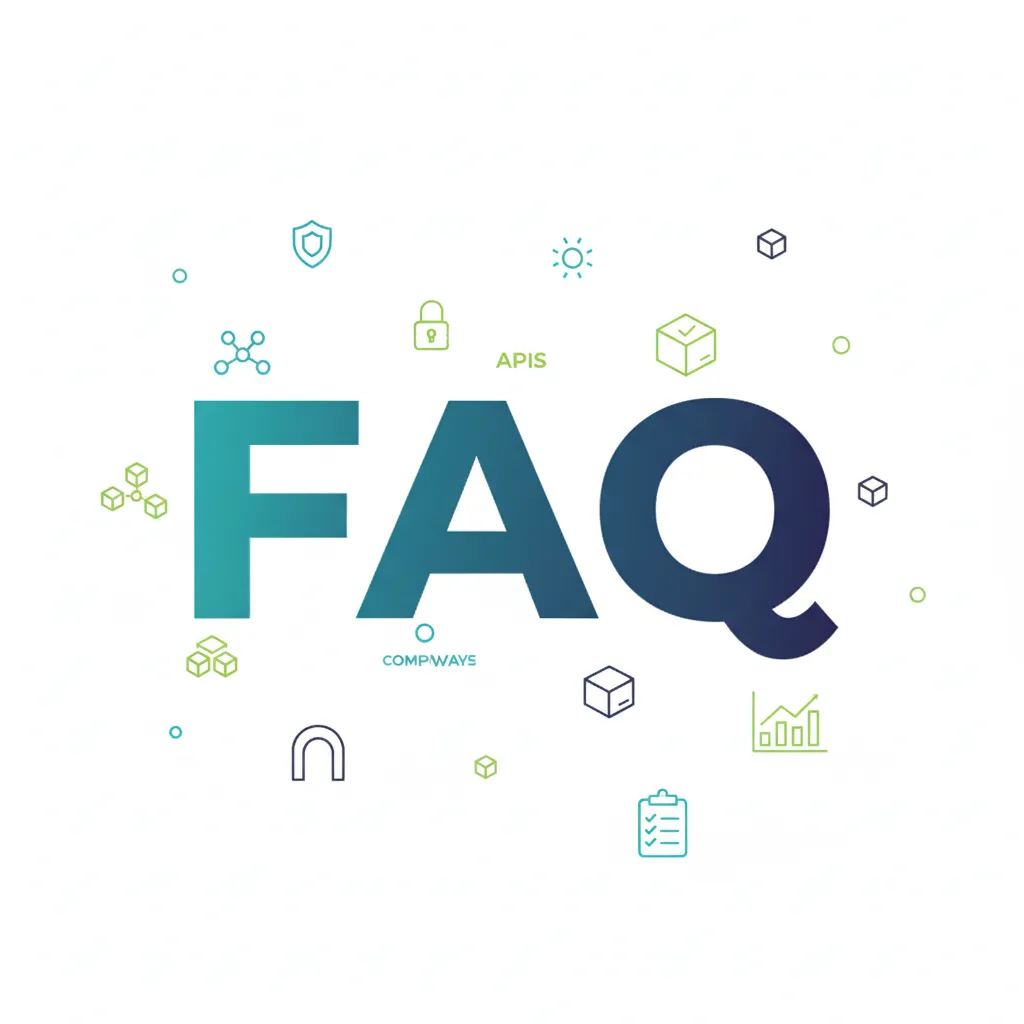 FAQ header illustration with large FAQ letters surrounded by icons for APIs, security, data, and compliance — representing Peak Demand Voice AI integration questions and answers
