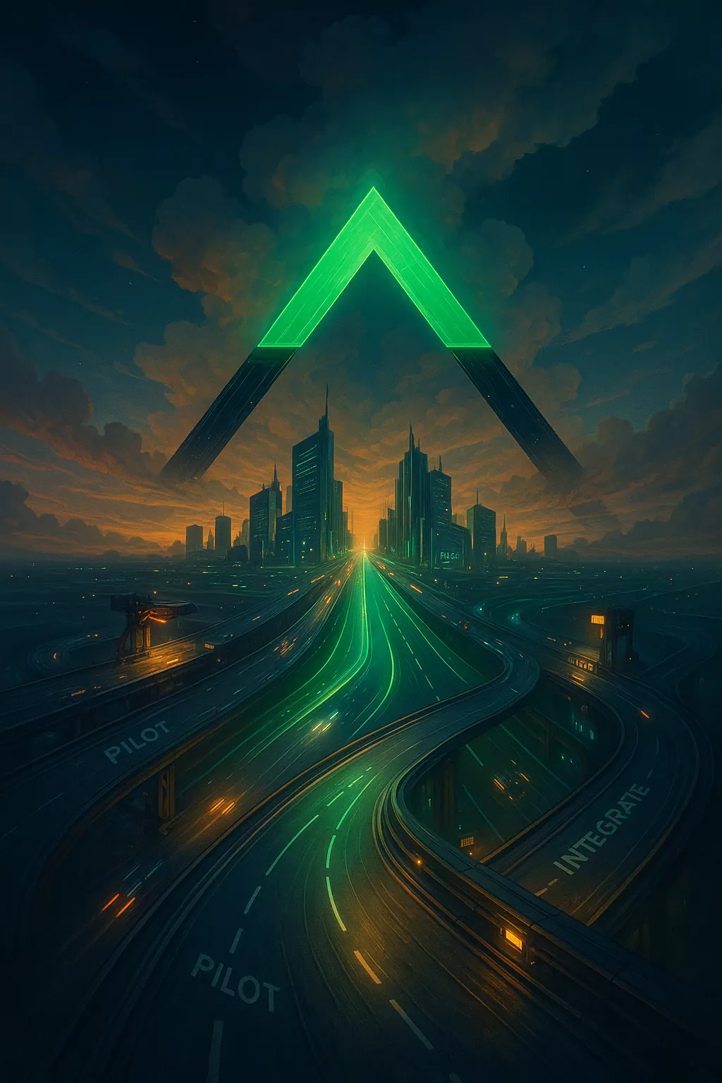 Futuristic highways forming the Peak Demand logo, symbolizing how Toronto AI automation agency pilots, integrates and scales voice AI