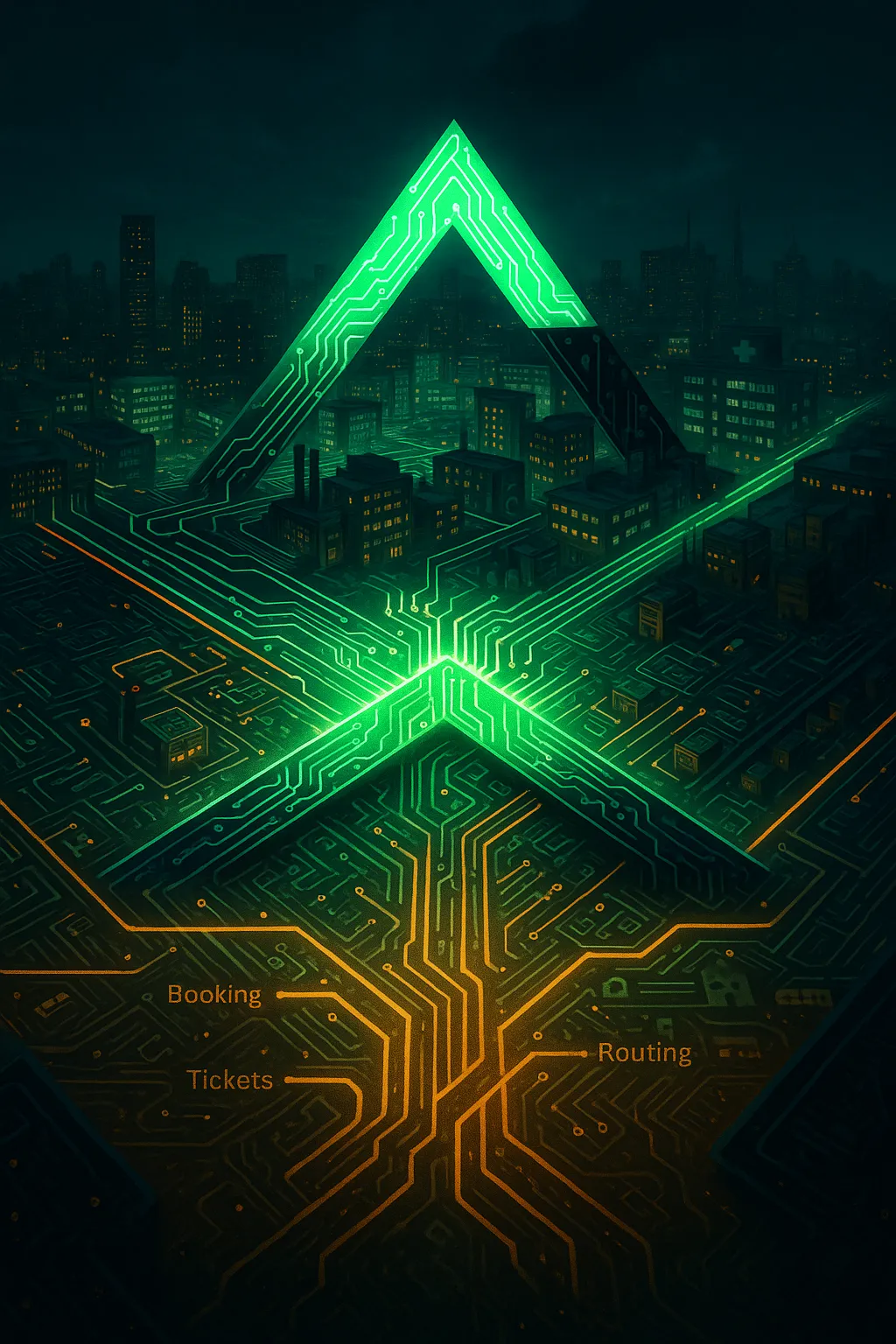 Peak Demand logo built from smart city circuits, symbolizing API integrations, AI automation workflows and voice AI business solutions