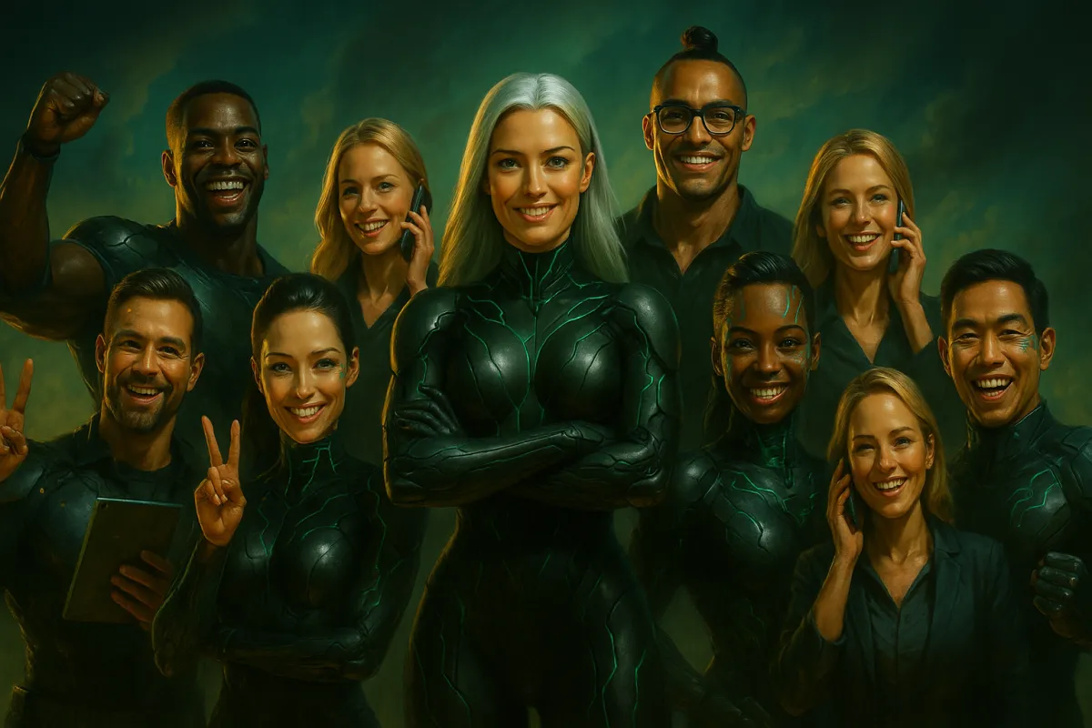Alex Masters with AI assistant Sasha and diverse AI agents posing like a superhero team, showcasing Peak Demand Toronto AI agency expertise in voice AI, API integrations, and business process automation