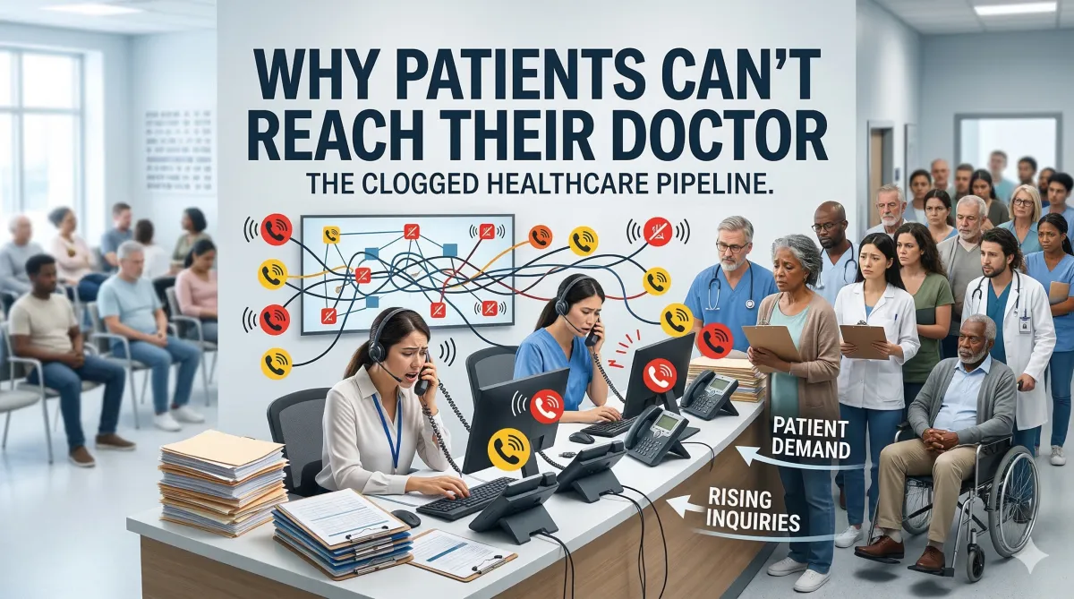 Professional healthcare editorial thumbnail showing overwhelmed clinic phone lines and patient demand. Include large readable headline text inside image: "Why Patients Can't Reach Their Doctor".