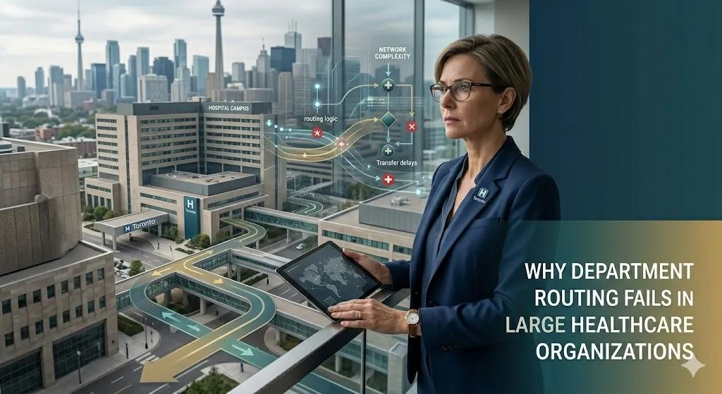 Learn why department routing fails in large healthcare organizations, including patient intent ambiguity, overlapping destinations, transfer burden, rigid routing logic, and workflow ownership issues.