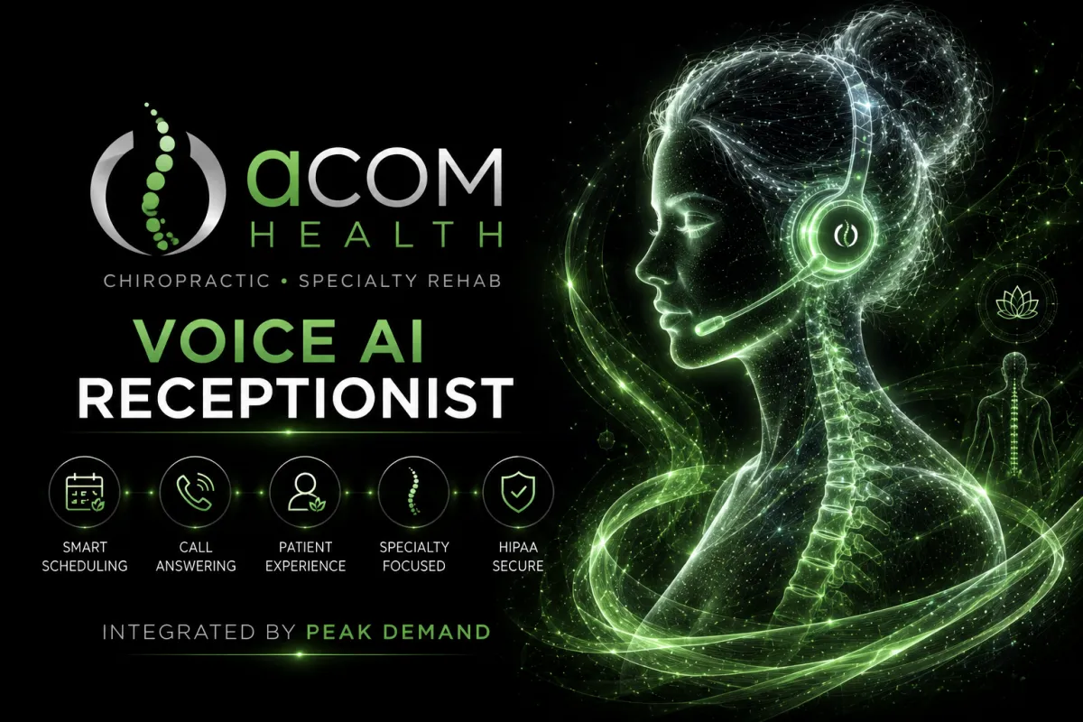 Voice AI integration with aCOM Health and RAPID for chiropractic scheduling specialty rehab billing routing new patient intake and front-desk workflows.