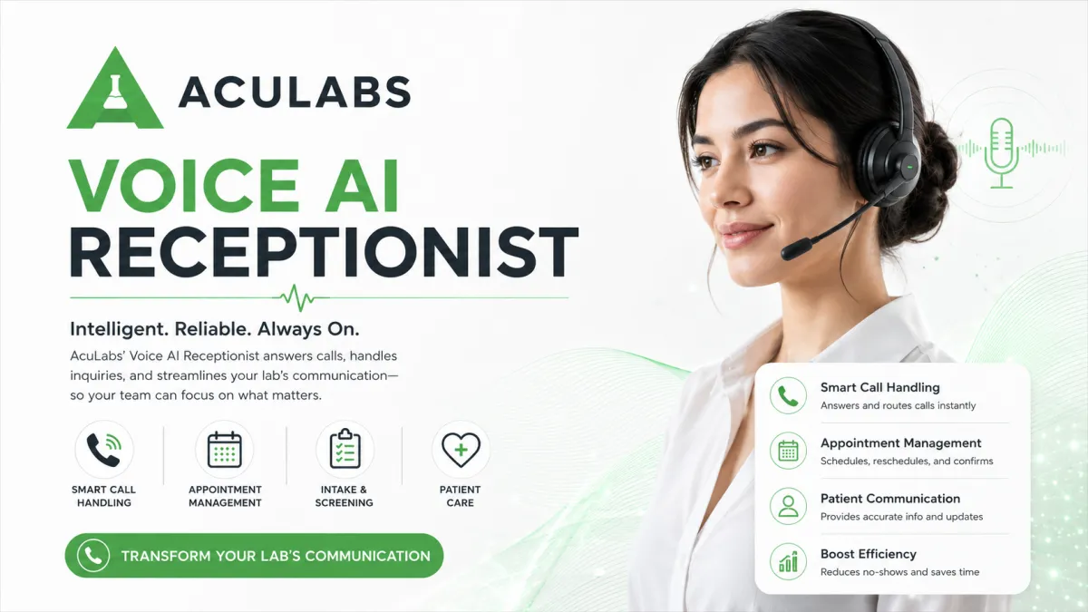 Voice AI integration with Aculabs AcuLite LIS for diagnostic lab standing orders results routing supply requests specimen issues and client facility workflows.