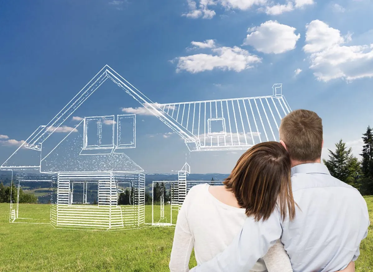 A close-up of a tablet displaying a step-by-step property criteria setup wizard, with a hand selecting options for location, price, and features. The background shows a bright, modern workspace with natural light and minimal decor.