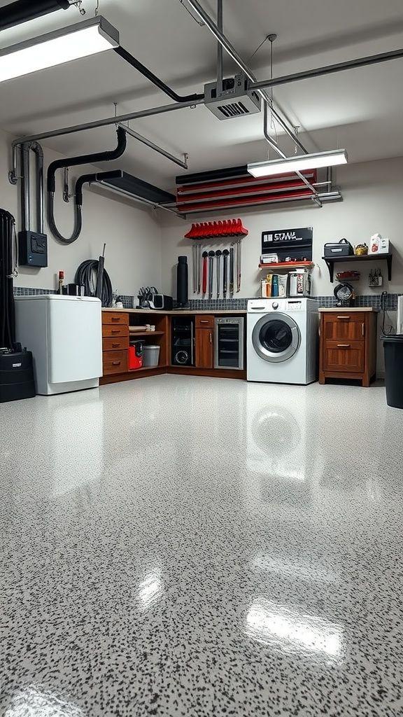 Evergreen garage epoxy flooring upgrade with high-gloss polyaspartic topcoat