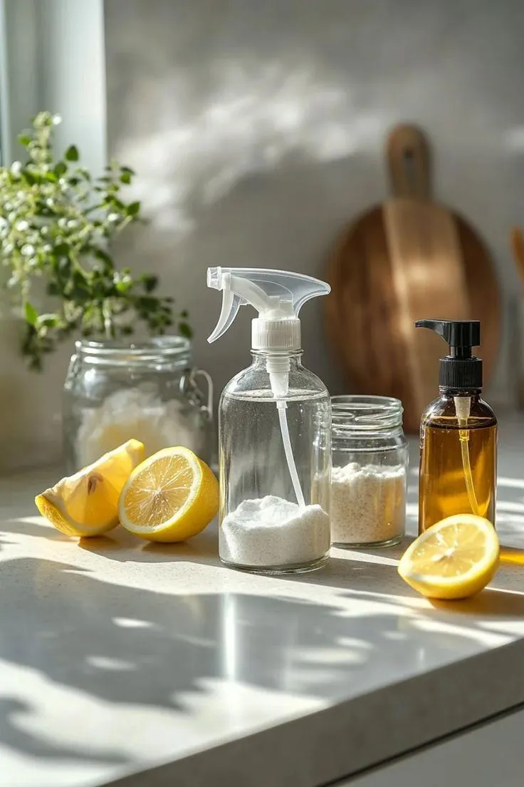 non-toxic cleaning supplies on kitchen counter with natural ingredients
