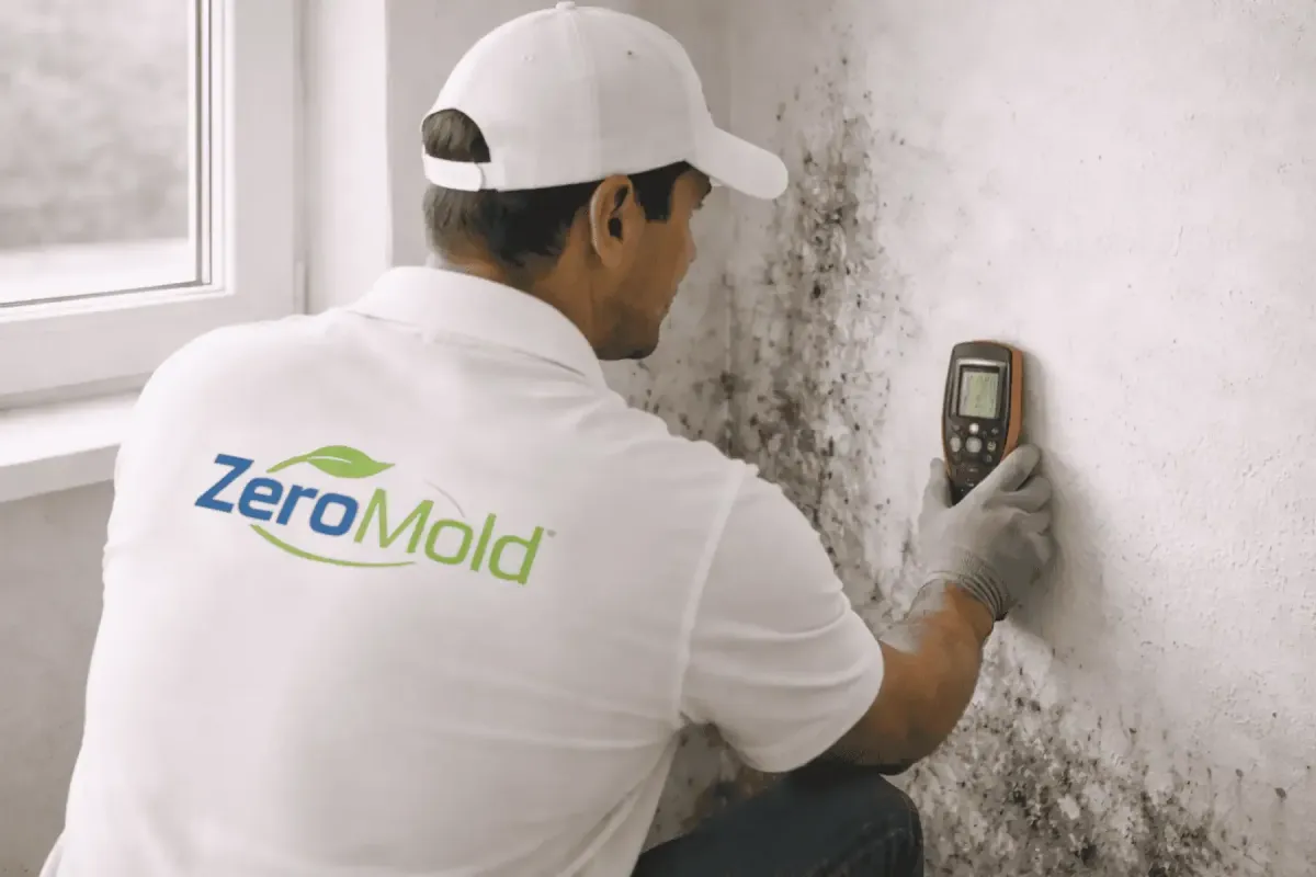 Technician checking wall with moisture meter
