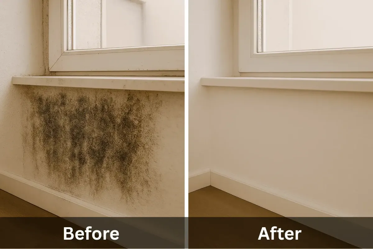 Before and after photo of mold removal under window