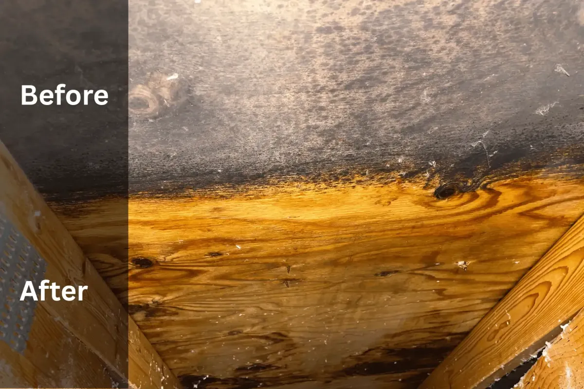 Before and after photo of mold removal on sheathing