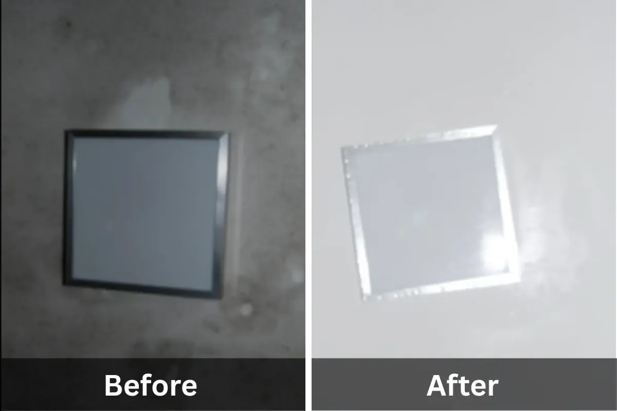 Before and after photo of mold removal bathroom ceiling