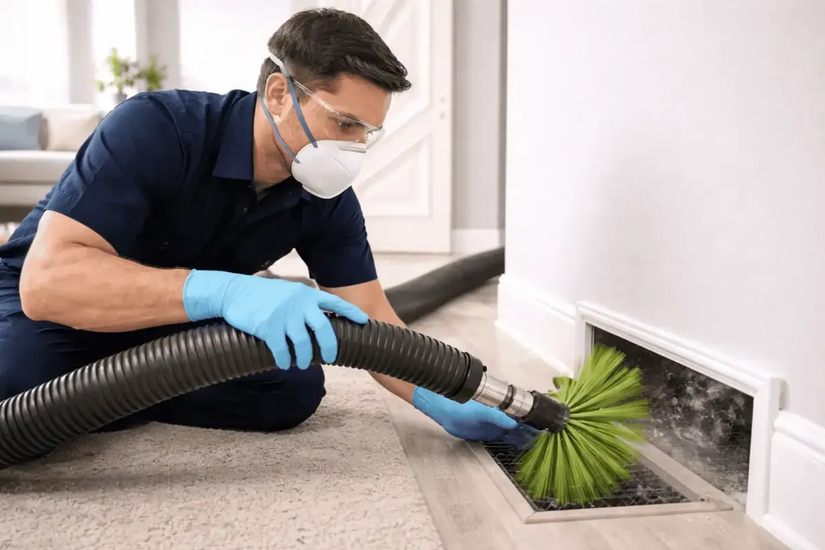 Technician cleaning ductwork