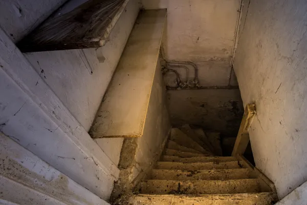 Signs of mold in concrete around cracks in a concrete wall