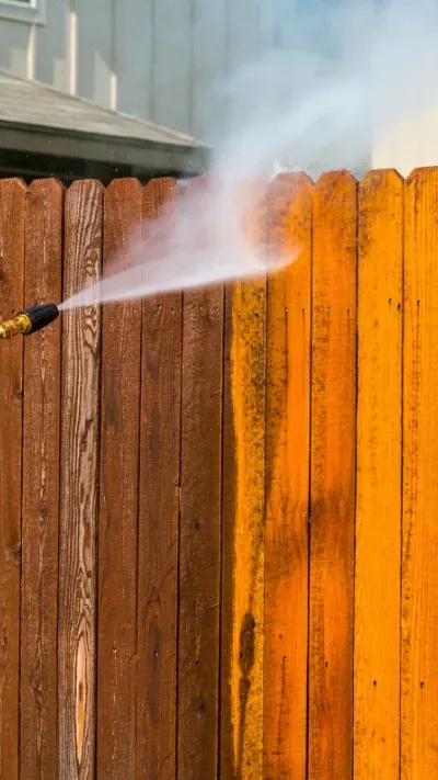 Fence being pressure washed