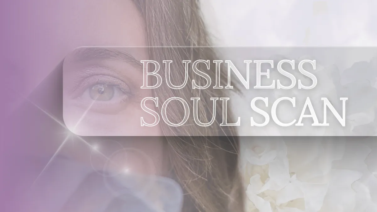 Offer banner image for Business Soul Scan, with up close image of Chelsea Fournier holding oracle cards and sparkly branded elements