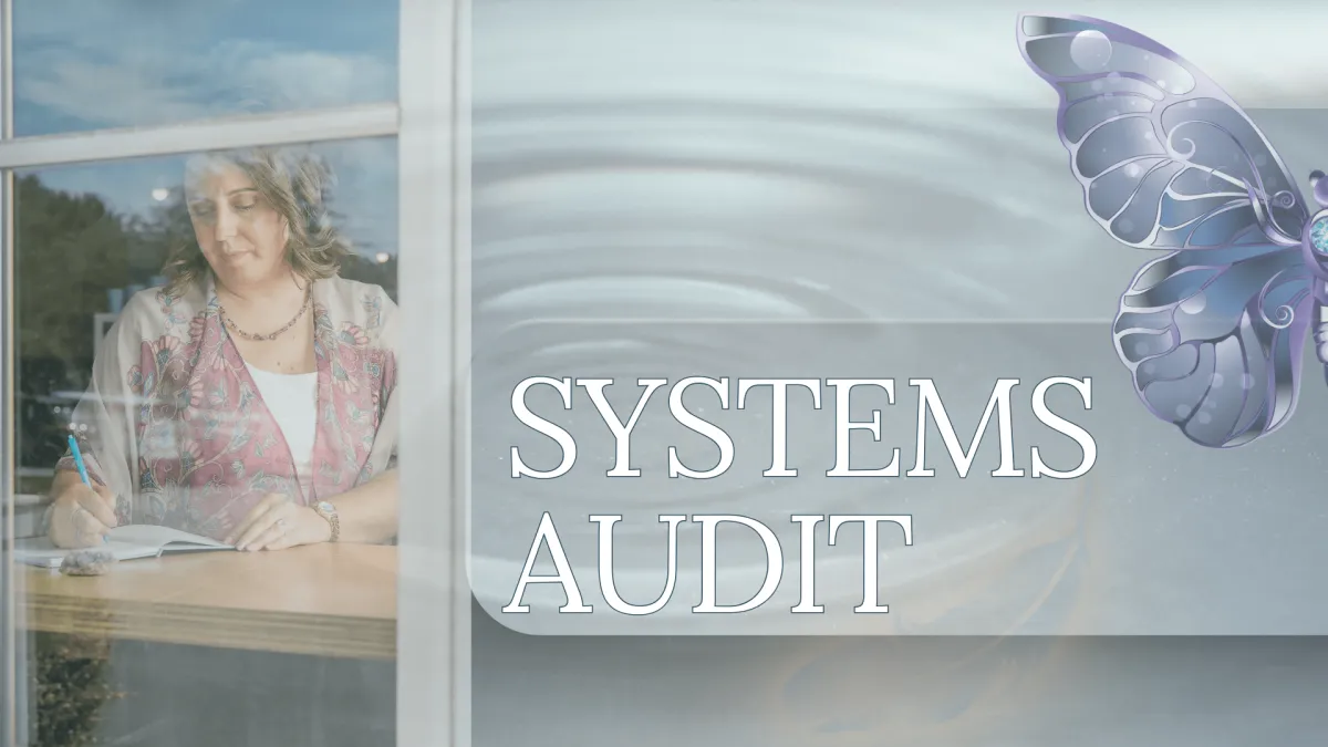 Offer banner image for a Business Systems Audit, with an image of Chelsea Fournier journaling, taken through a window and brand elements of a blue butterfly and water rippling