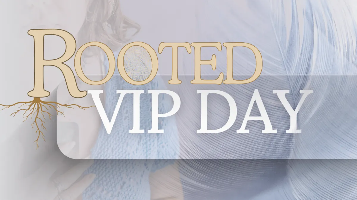 Offer banner image for ROOTED VIP Day, with up close image of Chelsea Fournier holding oracle cards to her heart, and feathers