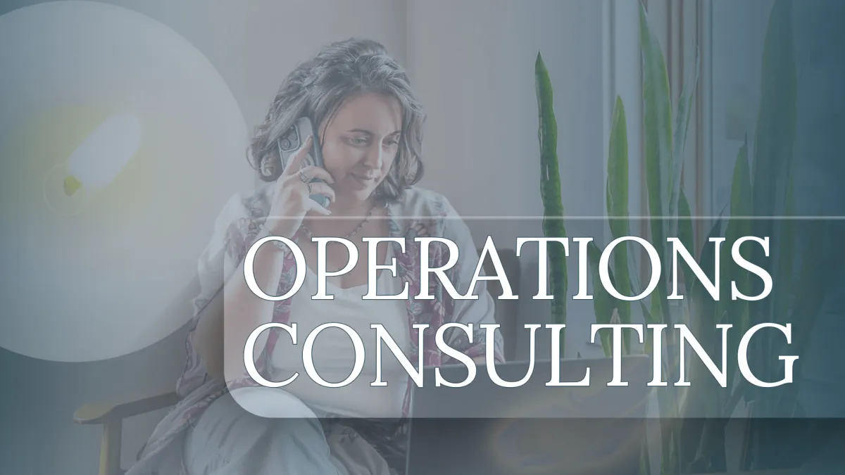 Offer banner image for operations consulting with Chelsea Fournier, with a close up of Chelsea on the phonee sitting in a wooden chair at a coffee shop, near a snake plant, with a branded candle overlay to her left