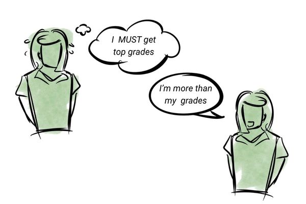 Before-and-after illustration of a teenager. The first figure has the thought “I must get top grades.” The second says, “I'm more than my grades."”