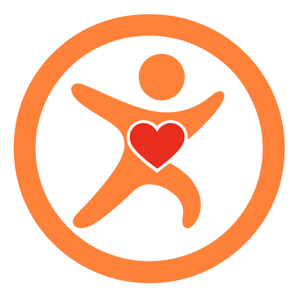 Logo fit-ohne-schmerz – stilisierte Figur im Kreis in Fusion2Life-Orange, Symbol für Bewegung, Gesundheit
