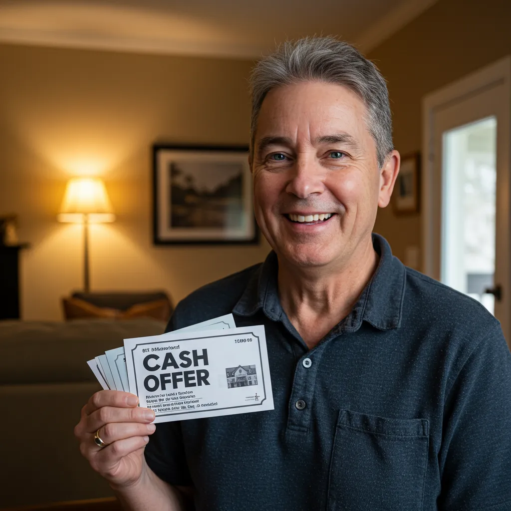 Homeowner in Northeast Ohio holding a cash offer card after selling house fast without repairs or agent fees