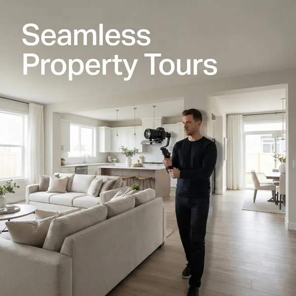 Real estate photographer and videographer filming a smooth, cinematic interior property tour using a gimbal inside a modern residential property.