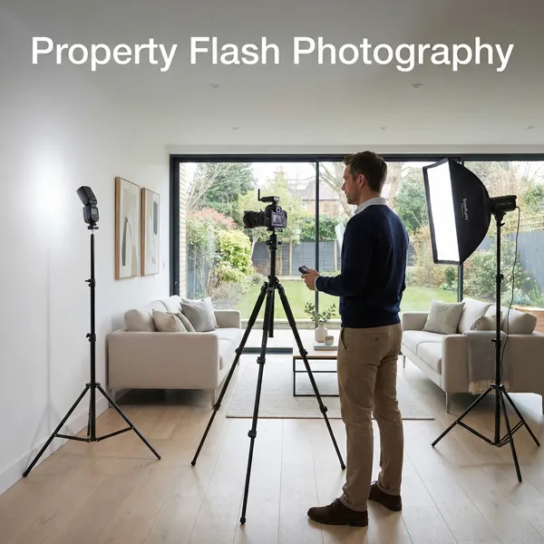 Interior property photographer using a DSLR camera with multiple off-camera flashes and softboxes to professionally light and photograph a home’s interior.