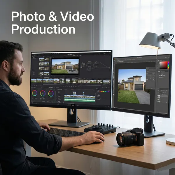 Photographer and videographer seated in front of a computer screen editing high-quality photos and video, with DaVinci Resolve and Photoshop open for professional post-production.