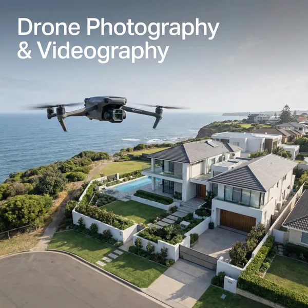 Drone flying overhead capturing aerial property photography with a coastal house below and the sea in the background.